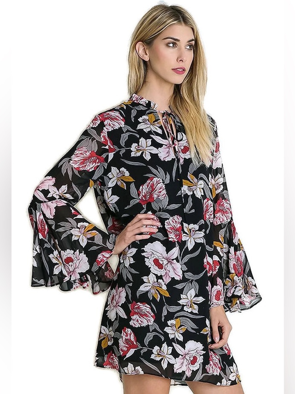 Umgee Black Floral Tie-Front Bell Sleeve Dress (005)